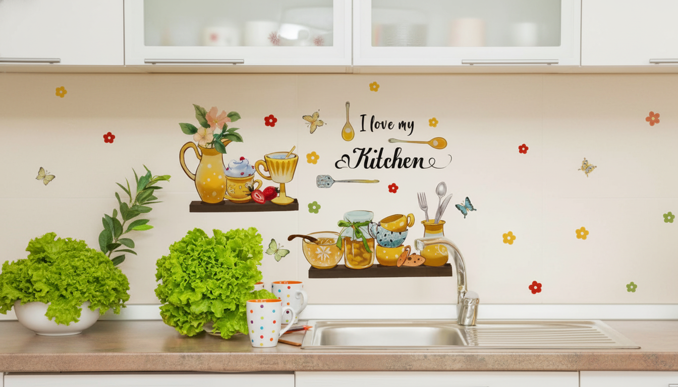 Flower & Butterfly Vinyl Tile Stickers for Kitchen Walls